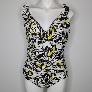 DKNY black white yellow floral ruffle strap v neck one piece swimsuit XL